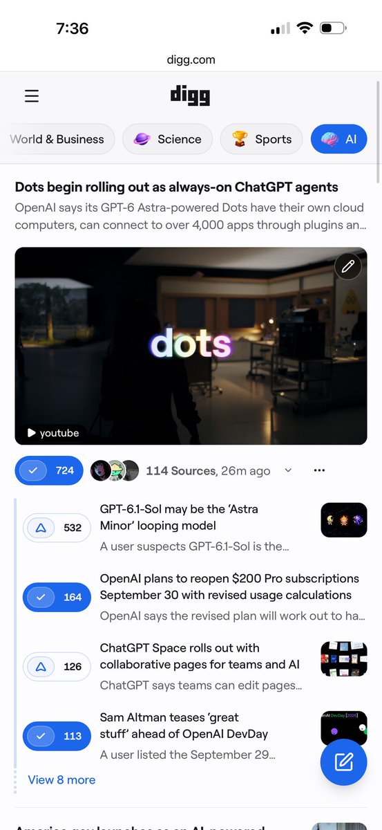 JustinMezzell's tweet photo. One of the dope things that @addison hacked on this morning for @digg: Stories with substories (clustering subsequent/adjacent stories on a parent). Especially fun on announcement days. https://t.co/5mVsGiNkDE