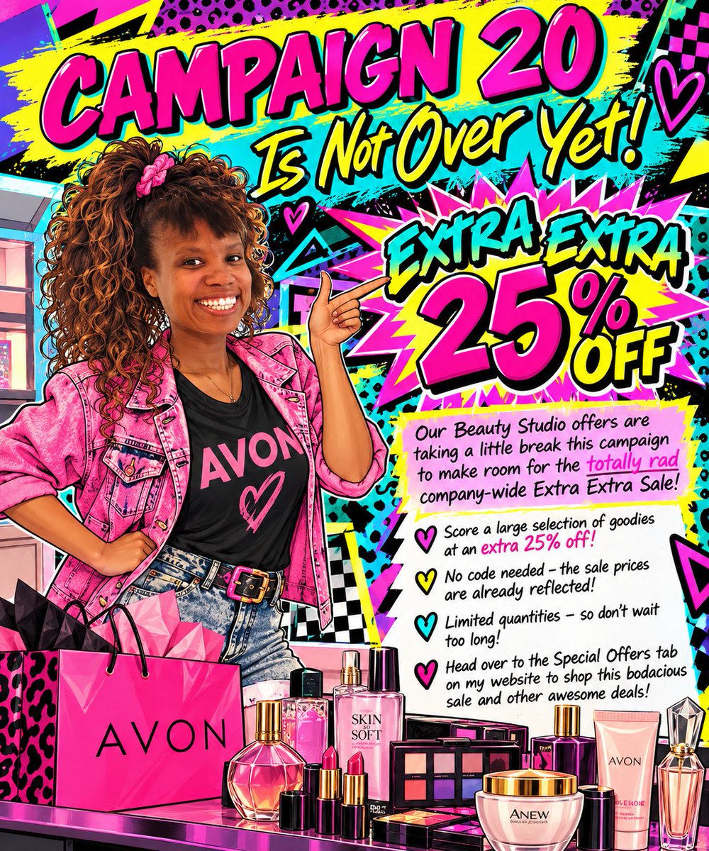 JoeysCocoaPop's tweet photo. #Avon #AvonRep #ExtraExtraSale #25PercentOff #AvonDeals #BeautyDeals #ShopAvon #Campaign20 #ShopTheSale πποΈπ
https://t.co/DdKS2khJPf https://t.co/XnsQkqQxaI