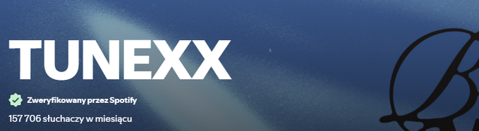 A Spotify verified banner for TUNEXX showing 157,706 monthly listeners.