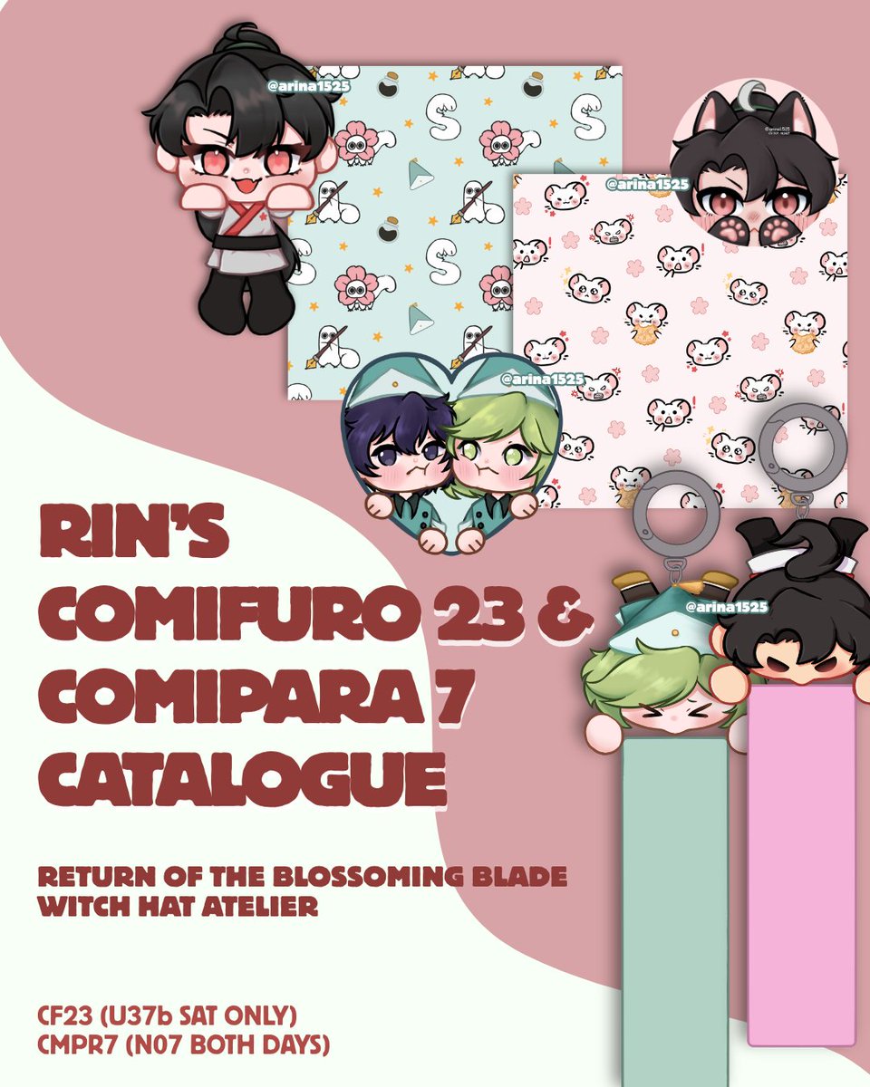 arina1525's tweet photo. [ 🩷 &amp; 🔃 are appreciated ]

Hello~ this is my #cf23 and #comipara7 catalogue 
OTS only with smol quantity hehe

CF23 (U37b): 
Budak Cheongmyeong (Day 1 Only)
CP7 (N07): 
Terong Balado Bude

Fandom:
rotbb / hwasan , witch hat atelier / wha

#comifuro23 #comipara https://t.co/6c9Z8A6auE