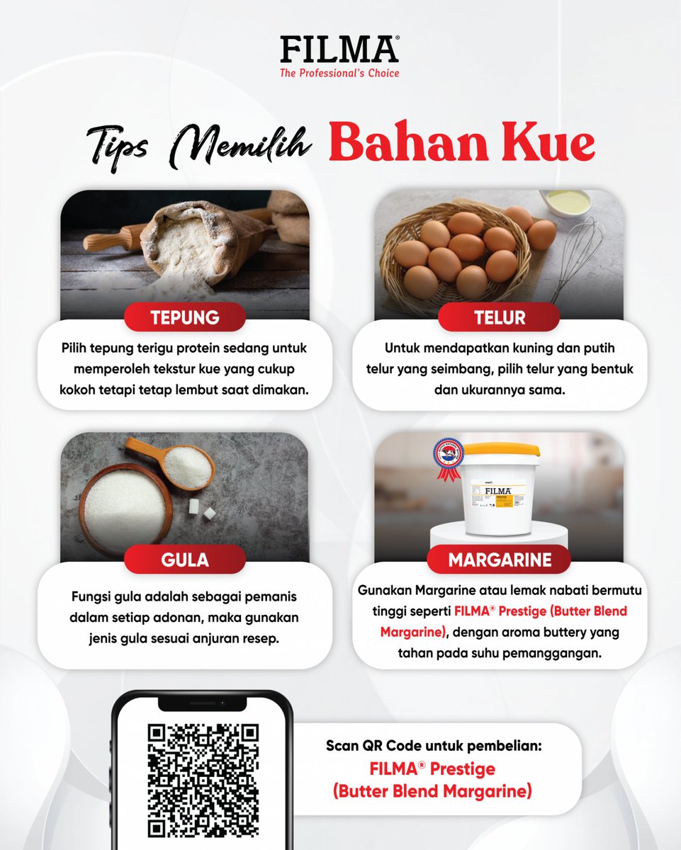 SMARTFDSolution's tweet photo. Kualitas hasil akhir kue jualanmu sangat ditentukan oleh ketelitian dalam memilih bahan-bahan dasarnya. 

Sempurnakan adonanmu dengan memilih margarin berkualitas tinggi seperti FILMA® Prestige (Butter Blend Margarine). https://t.co/m4v9vuTchi