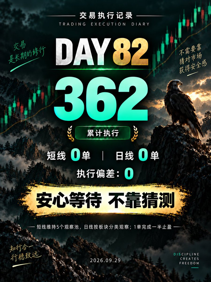 niuben2025's tweet photo. 执行第82天｜累计362单
1、没有策略信号，就安心等待。不需要靠猜对市场，来获得安全感。
2、昨天是2026-09-29，周二，执行第82天。短线策略无信号，执行0单，无偏差，累计执行362单。
3、日线趋势策略新增0单，1单完成一半止盈，执行无偏差。$PUMP
4、短线策略继续维持5个观察池；日线趋势策略继续按照板块分类观察与管理。
继续执行，不预测，只跟随信号。