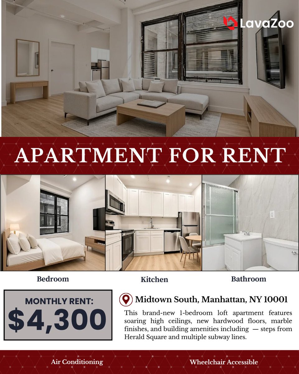 lavazooRE's tweet photo. 🏙️ BRAND NEW BUILDING CONVERSION — LOFT LIVING! 🏙️

Step into this gorgeous newly converted 1-bedroom (flex 2-bed!) loft, where high ceilings, oversized windows, and finishes throughout create the ultimate stylish NYC urban retreat — with effortless access to multiple subway lines and bus routes connecting you to the entire city.

📍 Garment District, Midtown Manhattan, NYC

Features:
🍳 Modern kitchen with stainless steel appliances and dishwasher
🪨 New marble floors and luxurious marble-tiled bathroom
❄️ Central air conditioning and individual thermostat control
🔀 Flex 2-bedroom option available!

🏢 BUILDING AMENITIES:
🚪 Doorman and elevator access
👕 Free laundry on every floor.

View the full listing and connect directly with the listing agent on LavaZoo — because your next home is just one message away! 🏡
Are you the listing agent? Claim your listing at https://t.co/EzzGRv6CIB

#MidtownManhattan #NYCRealEstate #ApartmentHunting #RentNYC #JustListed