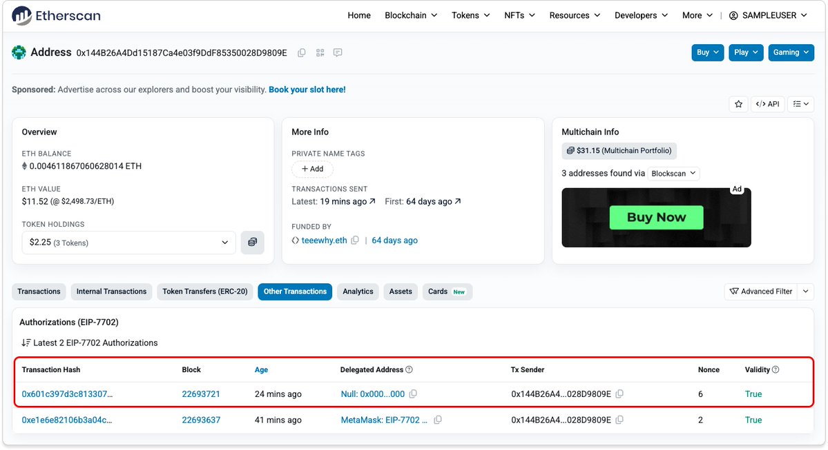 AMLConsensus's tweet photo. 63% of early EIP-7702 authorizations pointed at attacker-controlled contracts.
That figure is from Huang et al., USENIX Security 2026: 3,664,166 authorizations across 7 chains, cutoff 15 July 2025. Confirmed losses in that window: $2.36M. It counts transactions, not unique victims — malicious contracts get reused a lot, so the percentage overstates how many users were hit. It does not mean 63% of wallets today are owned by attackers.
What actually changed with Pectra: before, an EOA could not run contract code. Now one signed authorization plants a code pointer on your address. A drainer can then sweep ETH, tokens and NFTs in a single atomic batch. Token approvals are still a risk. They are no longer the whole picture.
Practical step: check what your address has delegated to, not only what it approved. Revoking approvals does not clear a 7702 delegation.
Check: https://t.co/4XguwXGfVB