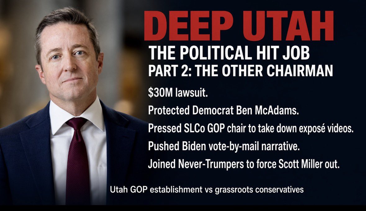 SophieAnde49073's tweet photo. Deep Utah: The Political Hit Job, Part 2

Utah GOP establishment vs. grassroots conservatives. 

$30M lawsuit alleges State Chair Derek Brown protected Democrat Ben McAdams, pushed Biden’s vote-by-mail narrative, and pressured Salt Lake County Chair Scott Miller to take down videos exposing McAdams’ land-swap dealings.

Brown later joined Never-Trumper Aimee Winder Newton to demand Miller’s resignation, while the establishment tried to block Miller from becoming State Chair.
Credit: David Crandall