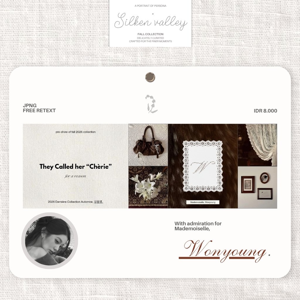 silkenvalley's tweet photo. ⟳/ ☘︎ ݁˖ a little love through reposts would be much appreciated.

wonyoung layouts are ready to be claimed! a little selection of ready stock pretties, only 8k/each — perhaps one is waiting for you?

₍ #bealanja ₎ https://t.co/7uiN4B2eKq