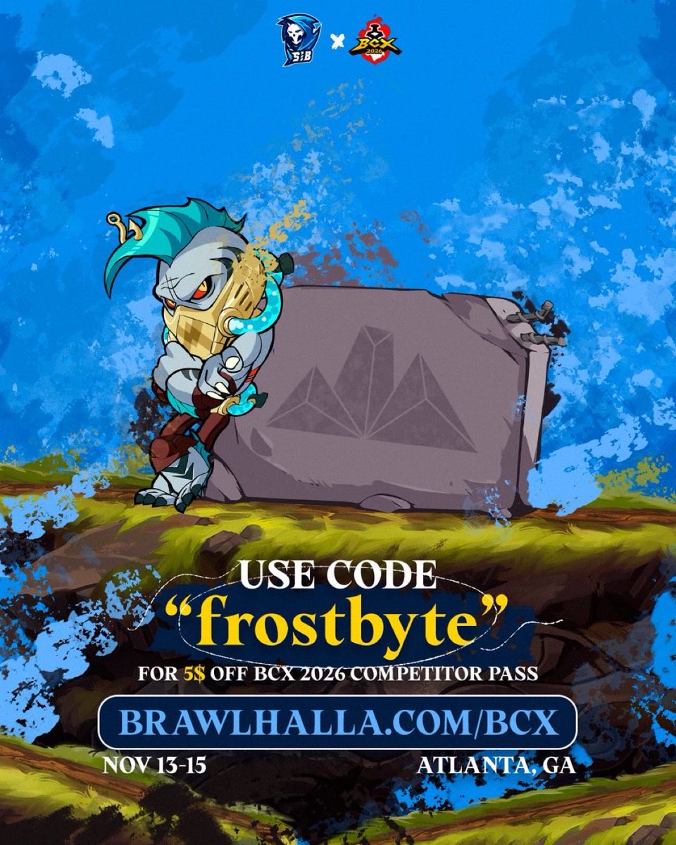 Skixex72's tweet photo. If you haven’t signed up &amp; are going, sign up now! 

USE CODE “ frostbyte “ when you sign up for BRAWLHALLA WORLD CHAMPIONSHIPS ⚔️

https://t.co/c15OYuvE08 

#Brawlhalla #BCX https://t.co/Jrv6EqggzN