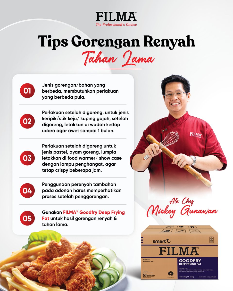 SMARTFDSolution's tweet photo. Simak tips rahasia dari Chef Mickey Gunawan! Pastikan Sahabat memberikan perlakuan yang tepat sesuai jenis gorengannya. Sempurnakan proses penggorengan Anda dengan FILMA® Goodfry Deep Frying Fat untuk hasil panggangan atau gorengan yang renyah, tidak berminyak, dan tahan lama! https://t.co/jqzkQwPoOC