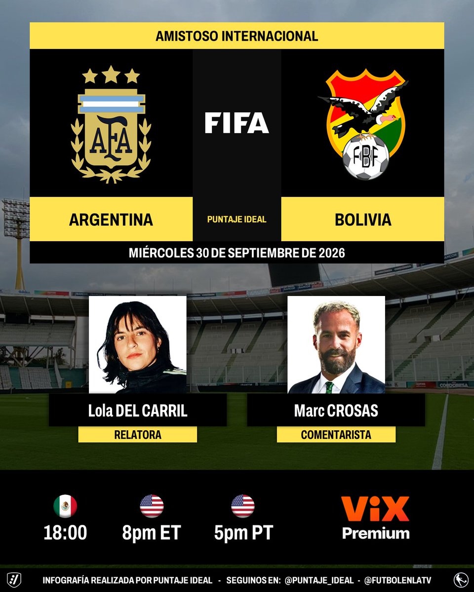 Puntaje_Ideal's tweet photo. ⚽ #Amistoso | 🇦🇷 #Argentina vs. #Bolivia 🇧🇴
🎙️ Relatora: @loladelcarril
🎙️ Comentarista: @marccrosas
💻📱 @ViX Premium 🇲🇽🇺🇸
🤳 #ElMejorFutEnTUDN - #SudaméricaEnViX 
Dale RT 🔃 https://t.co/xRaOBNO5qA