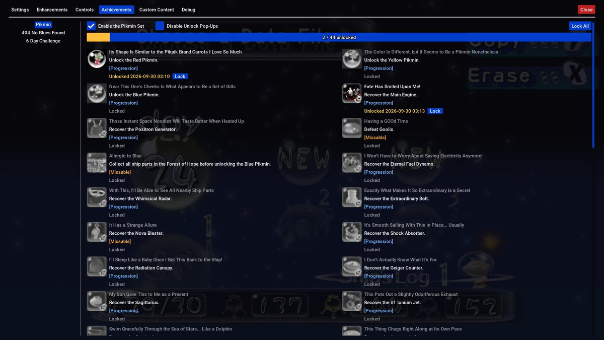 PikminNative's tweet photo. Achievements! All 3 sets are optional (with the default one enabled by default), and unlocks are blocked when any cheats are active. The 3 sets are entirely based off the RetroAchievements sets, so we give credit at the bottom of each sets page, as well as on our general screen. https://t.co/AZtaGLkhCk