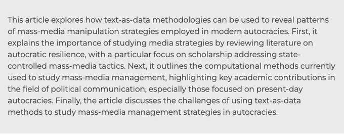 This article explores how text-as-data methodologies can be used to reveal patterns of mass-media manipulation strategies employed in modern autocracies. First, it explains the importance of studying media strategies by reviewing literature on autocratic resilience, with a particular focus on scholarship addressing state-controlled mass-media tactics. Next, it outlines the computational methods currently used to study mass-media management, highlighting key academic contributions in the field of political communication, especially those focused on present-day autocracies. Finally, the article discusses the challenges of using text-as-data methods to study mass-media management strategies in autocracies.