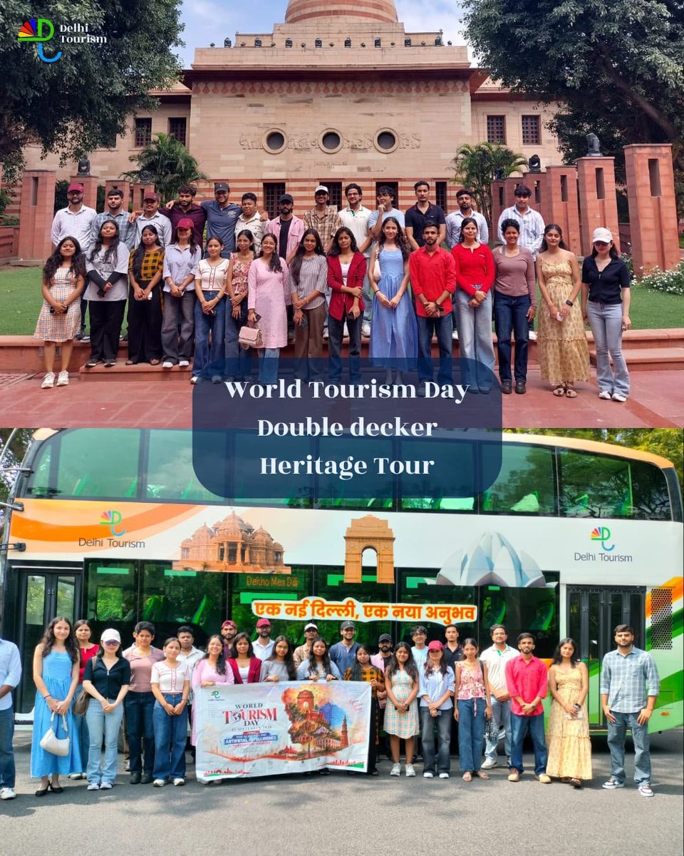 tourism_delhi's tweet photo. DelhiTourism celebrated #WorldTourismDay with a heritage Double Decker tour for Delhi University students,floral decorations,and a warm welcome to tourists with garlands and sweets.The celebrations concluded with a vibrant cultural evening showcasing Delhi’s rich heritage. https://t.co/o7T81GOf4p