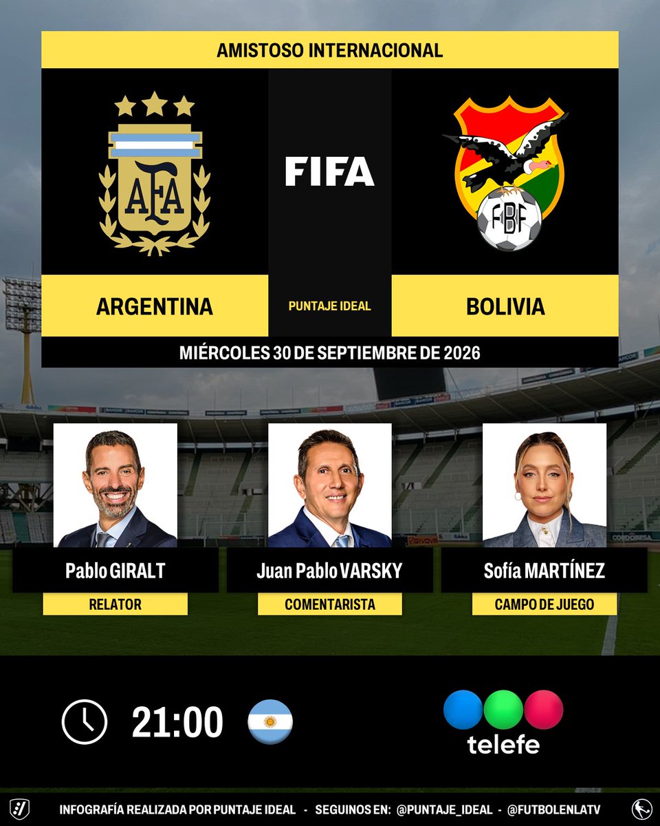 Puntaje_Ideal's tweet photo. โฝ #Amistoso | ๐ฆ๐ท #Argentina vs. #Bolivia ๐ง๐ด
๐๏ธ Relator: @giraltpablo
๐๏ธ Comentarista: Juan Pablo Varsky
๐๏ธ Campo de juego: @SofiMMartinez
๐บ @telefe ๐ฆ๐ท
๐ป๐ฑ #MiTelefe ๐ฆ๐ท y #YouTube de @telefe ๐ฆ๐ท
๐คณ #ARGENTINAxTELEFE - #StreamsTelefe
Dale RT ๐ https://t.co/YxXySPUcvK