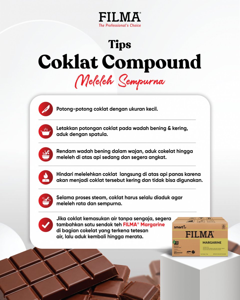 SMARTFDSolution's tweet photo. Hindari memanaskan cokelat langsung di atas api panas agar adonan tidak mengering dan rusak. Jika cokelat tidak sengaja kemasukan tetesan air selama proses steam, tambahkan satu sendok teh FILMA® Margarine di area yang terkena air lalu aduk kembali hingga merata dan lembut. https://t.co/RMvl4BPHRO