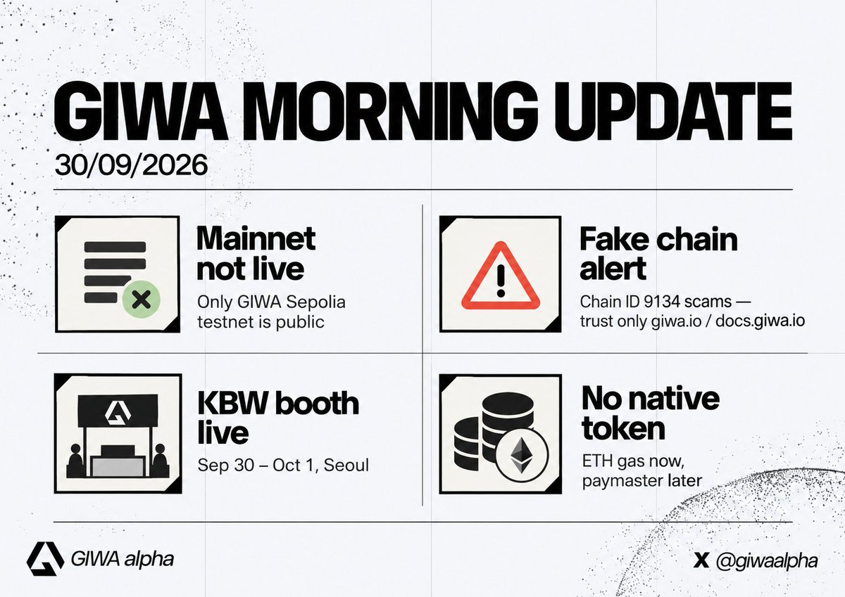 giwaalpha's tweet photo. GIWA Morning Update | 30/09/2026

What matters today:

- GIWA mainnet is NOT live yet. The official team already confirmed that any “mainnet RPC”, bridge or contract circulating outside official sources should be treated as unofficial.

- Reports continue around fake networks using Chain ID 9134 to imitate GIWA. Only trust information from GIWA’s official website and docs.

- GIWA is at Korea Blockchain Week today, Sep 30 – Oct 1 in Seoul. Visitors can experience GIWA Wallet, DOJANG and BOJAGI at the booth.

- Current public network remains GIWA Sepolia testnet. GIWA Wallet and Ecosystem are still marked Coming Soon.

- GIWA is an OP Stack L2 powered by Upbit. Gas is paid in ETH and official docs currently show no separate native token.

For now, the main thing is simple: testnet is live, mainnet is not.

@GIWA_by_Upbit