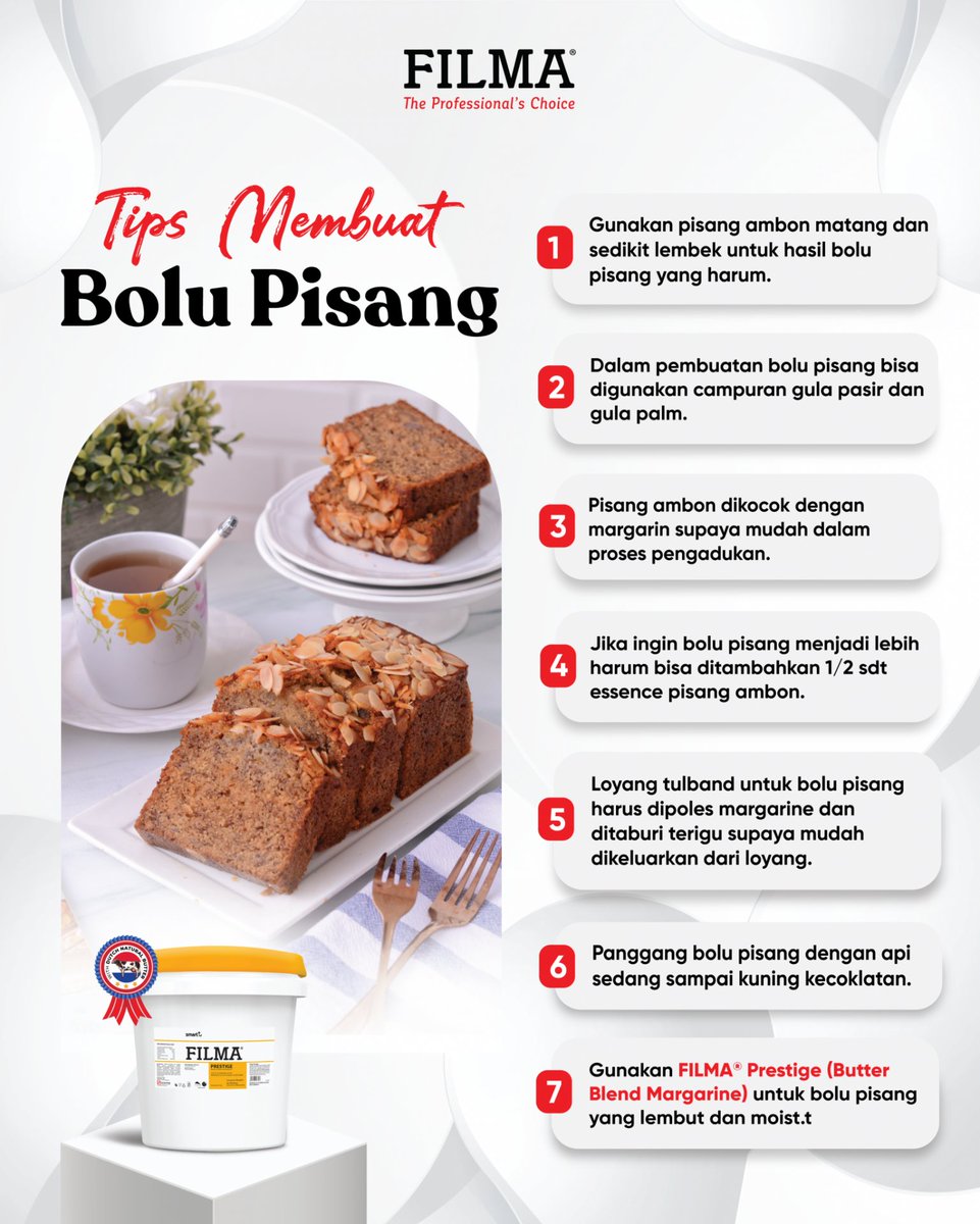 SMARTFDSolution's tweet photo. Gunakan pisang ambon yang sudah matang dan sedikit lembek agar aromanya makin keluar, lalu padukan gula pasir dan gula palm untuk memberikan rasa manis karamel yang pas. Pastikan gunakan FILMA® Prestige (Butter Blend Margarine) untuk hasil bolu pisang yang ekstra lembut. https://t.co/HdFUQYWJlk