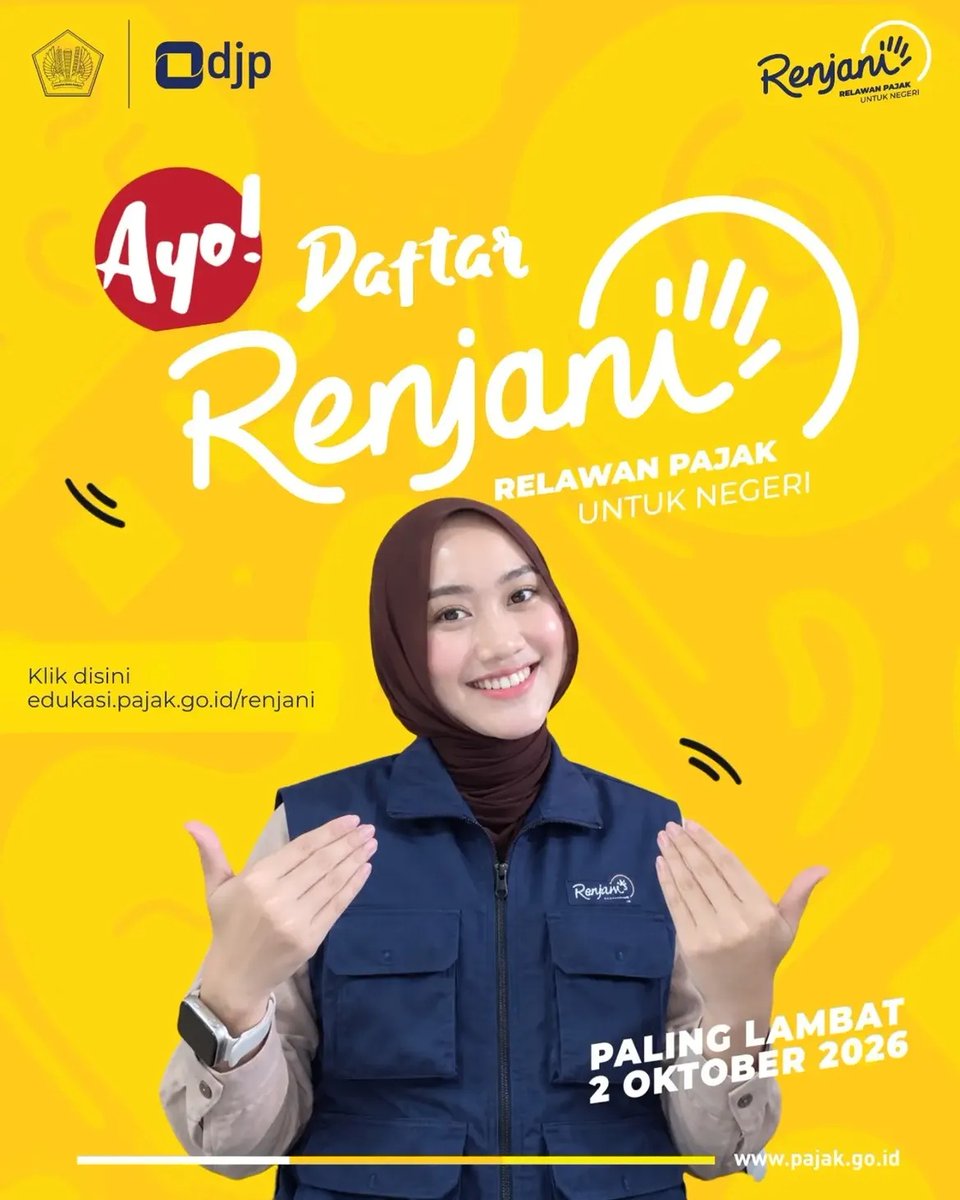 pajakbnaaceh's tweet photo. Program Renjani (Relawan Pajak untuk Negeri) 2026 resmi dibuka! 🎉

Yuk jadi bagian dari generasi muda yang meningkatkan kesadaran pajak di Indonesia.

📌 Daftar melalui https://t.co/D6hCbe61VZ
⏰ Pendaftaran paling lambat 2 Oktober 2026.
Jangan lewatkan kesempatan berkontribusi! https://t.co/UyJkpO8rGf