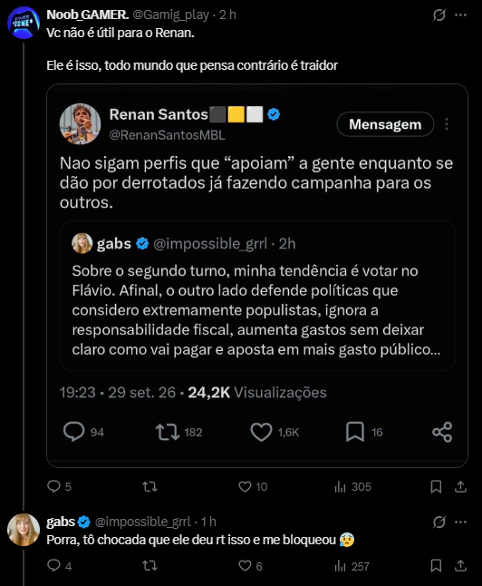 peppipets's tweet photo. Uma das pessoas MBL que eu sigo é a @impossible_grrl 

Sempre quando eu discordo de algo deles, ela os defende aqui. Faz parte do debate honesto de ideias

O Renan deu RT nela, falou pra deixarem de seguir e deu a block para ela não conseguir responder de volta

E o que foi que ela fez pra isso? Ousou falar de votar no Flávio no 2º turno (no 1º vai votar no Renan) pq acha o Lula pior para O PAÍS

Na boa, saiam dessa seita o quanto antes👍