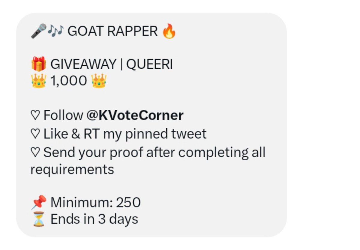 ASAGLOBAL_'s tweet photo. 🎤🎶 GOAT RAPPER 🔥

🎁 GIVEAWAY | QUEERI
👑 1,000 👑

♡ Follow @KVoteCorner
♡ Like &amp; RT my pinned tweet
♡ Send your proof after completing all requirements

📌 Minimum: 250
⏳ Ends in 3 days

베이비몬스터 아사 #ASA #ENAMIASA #아사 #アサ #BABYMONSTER https://t.co/IEaXjb4aKP