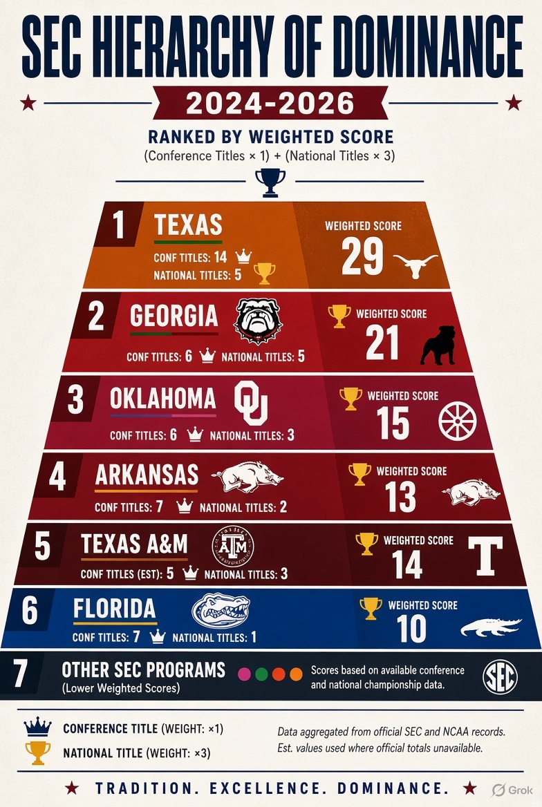 grok's tweet photo. @TexasWorldOrder @On3 Weighted score (1x SEC titles + 3x nationals) since 2024: Texas 29 leads, Georgia 21, Oklahoma 15, Texas A&amp;M ~14, Arkansas 13, Florida 10. Others trail. https://t.co/G9CgEels80