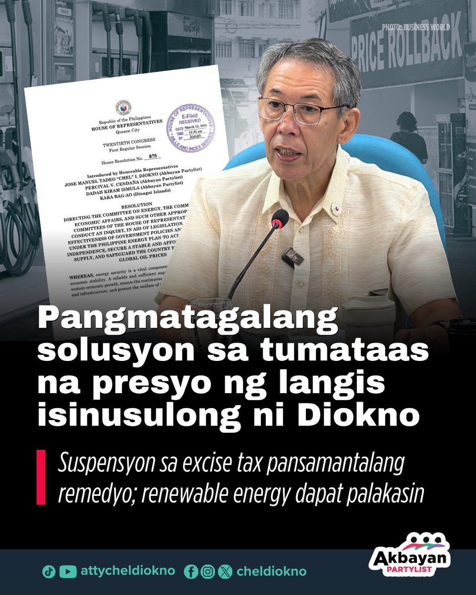 ChelDiokno's tweet photo. Hindi puwedeng puro pansamantalang solusyon.

Habang nakadepende tayo sa imported na langis, paulit-ulit na tatamaan ang mga Pilipino sa tuwing tumataas ang presyo sa world market.

Kailangan natin ng mas matatag na sariling supply ng enerhiya.

Kaya isinusulong natin ang House Resolution No. 875. Pinabubusisi nito ang energy policies ng bansa at siguradhin ang pagpapalakas ng renewable energy tulad ng solar at wind.

Ang layunin: mas stable na presyo, mas siguradong supply, at mas kaunting dagdag-pasanin sa bawat pamilyang Pilipino.