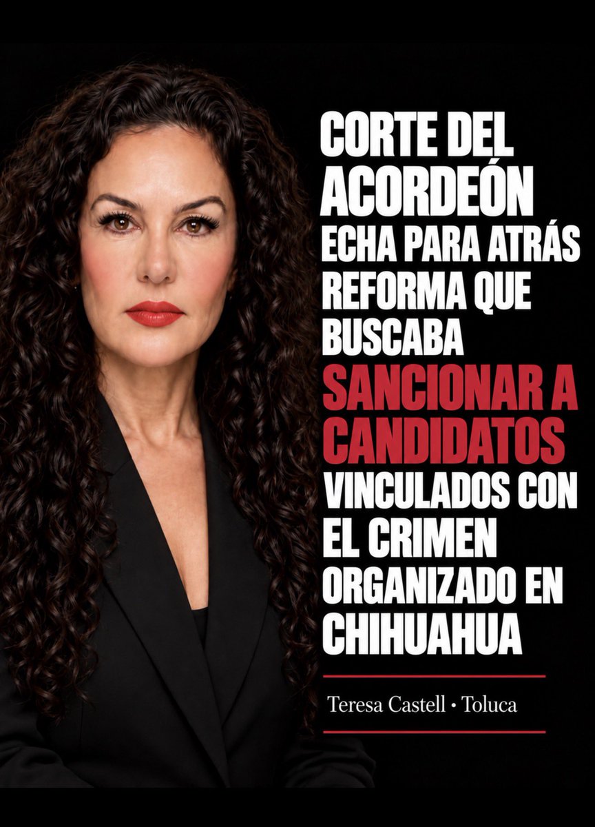 TeresaCastellMx's tweet photo. 🔴La Suprema Corte de Justicia de la Nación acaba de invalidar la ley de Chihuahua que castigaba a los candidatos vinculados con el crimen organizado.

¿Leyeron bien? ¡La Corte dice que NO se puede sancionar a los narco-candidatos!

Mientras Chihuahua intentaba blindarse del crimen, la nueva Corte de la 4T le abre la puerta de par en par.

Esta es la Corte que nos prometieron que sería del pueblo. Pues hoy el pueblo ve con claridad de qué lado está: del lado de los criminales.

¿Quieren intervención extranjera regulada pero no quieren regular la intervención del narco en nuestras elecciones? ¡Qué cinismo

Es la oficialización del narco-gobierno.

Primero les entregan el territorio, ahora les entregan las boletas y las candidaturas. Con el aval de la Suprema Corte.

Chihuahua quiso poner un dique. La SCJN lo dinamitó.

Teresa Castell • #Toluca