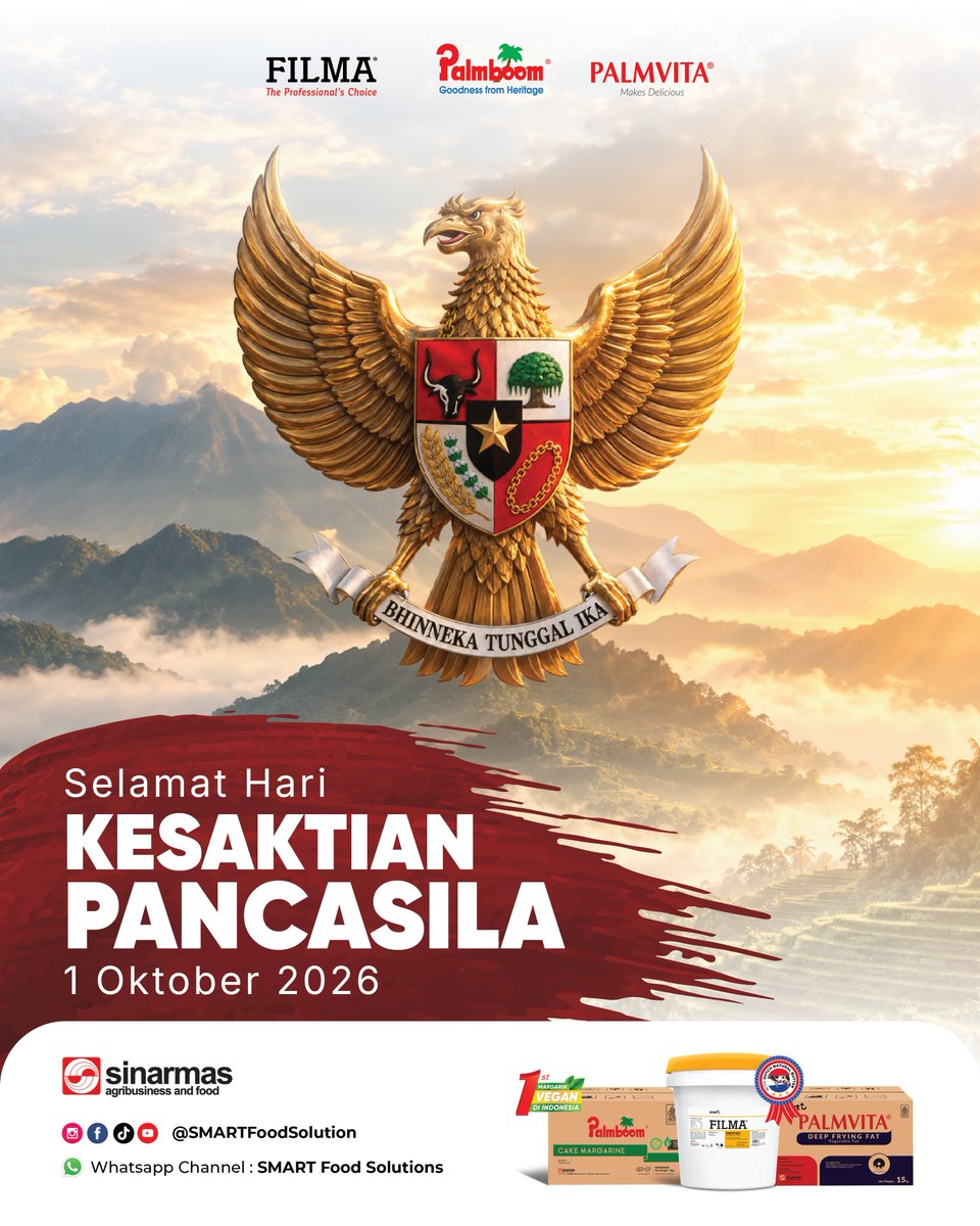 SMARTFDSolution's tweet photo. Selamat Hari Kesaktian Pancasila. Mari kita perkokoh persatuan dan kesatuan bangsa dengan mengamalkan nilai-nilai Pancasila dalam kehidupan sehari-hari demi Indonesia yang maju dan berdaulat. https://t.co/mnueEAGTmX
