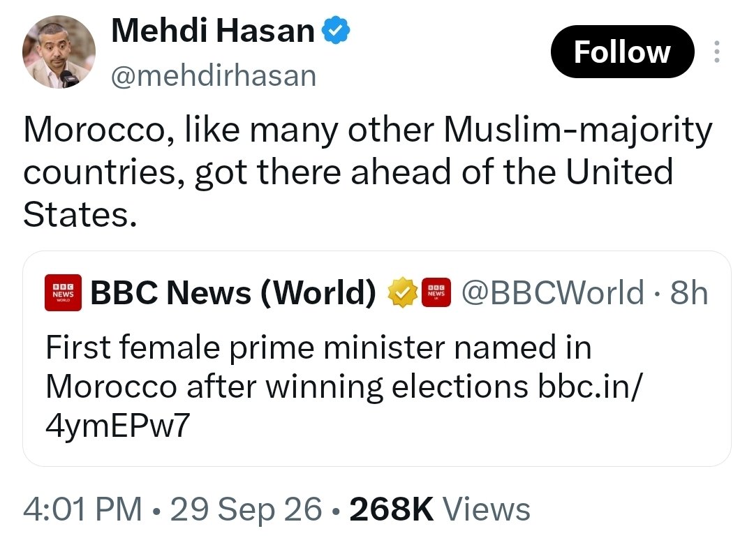 DecipherClown's tweet photo. @mehdirhasan 

Mehdi left out the part that matters.

This far-left Islamist blocked me because almost every post he had posted I refuted and exposed his hypocrisy. This post is not any different. 

Morocco’s king appointed Fatima Ezzahra El Mansouri. He chose her over another politician from her own party. Under Article 47, the king names the PM. He also keeps real power over the military, foreign policy, and government formation.

That is not “getting there ahead of the United States.” A PM chosen by an unelected monarch is not the same job as a U.S. president. The U.S. has already had a female vice president and a female Speaker of the House. 

Morocco still has a king with the last word. And Mehdi still an idiot!

https://t.co/CJwcZnFwKl