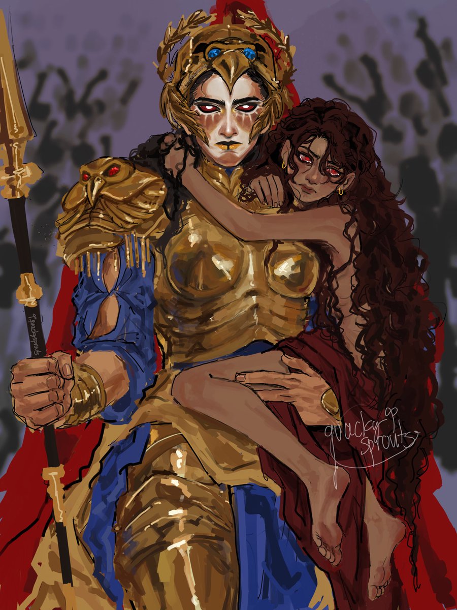 quackysprouts's tweet photo. “Victorious Athena Parades Her Defeated Brother Ares Before A Jeering Crowd”

this is in reference to my past work that ares takes the form of those most affected by his bloodthirst if he loses a war (starving child).

#athena #ares #greekmythology #epicthemusical #art https://t.co/vJiQeUbKA2