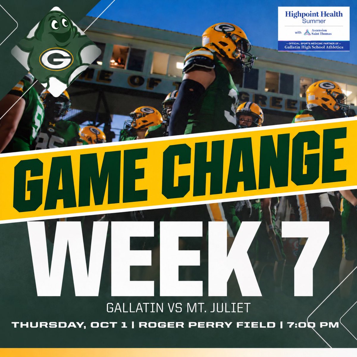 GHSWaveFootball's tweet photo. 🚨GAME CHANGE🚨
🏈WEEK SEVEN🏈
🆚 - Mt. Juliet Golden Bears
📅 - Thursday, Oct. 1st
🏟️ - Roger Perry Field
🕖 - 7:00 PM
🎟️ - https://t.co/Q54j3SUYpH?… https://t.co/vKccepuK8z