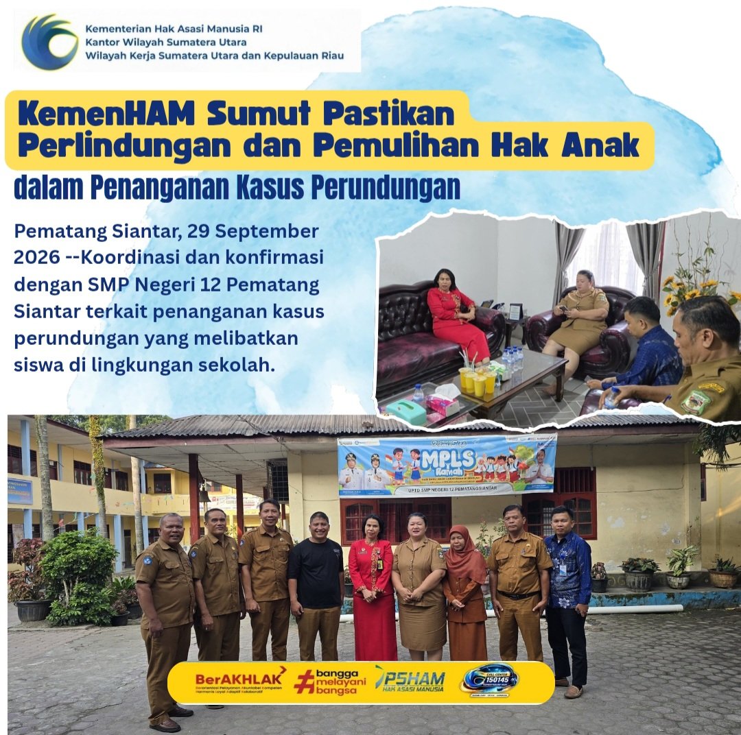 Kemenham_Sumut's tweet photo. KemenHAM Sumut Pastikan Perlindungan dan Pemulihan Hak Anak dalam Penanganan Kasus Perundungan https://t.co/De60GJmSPy