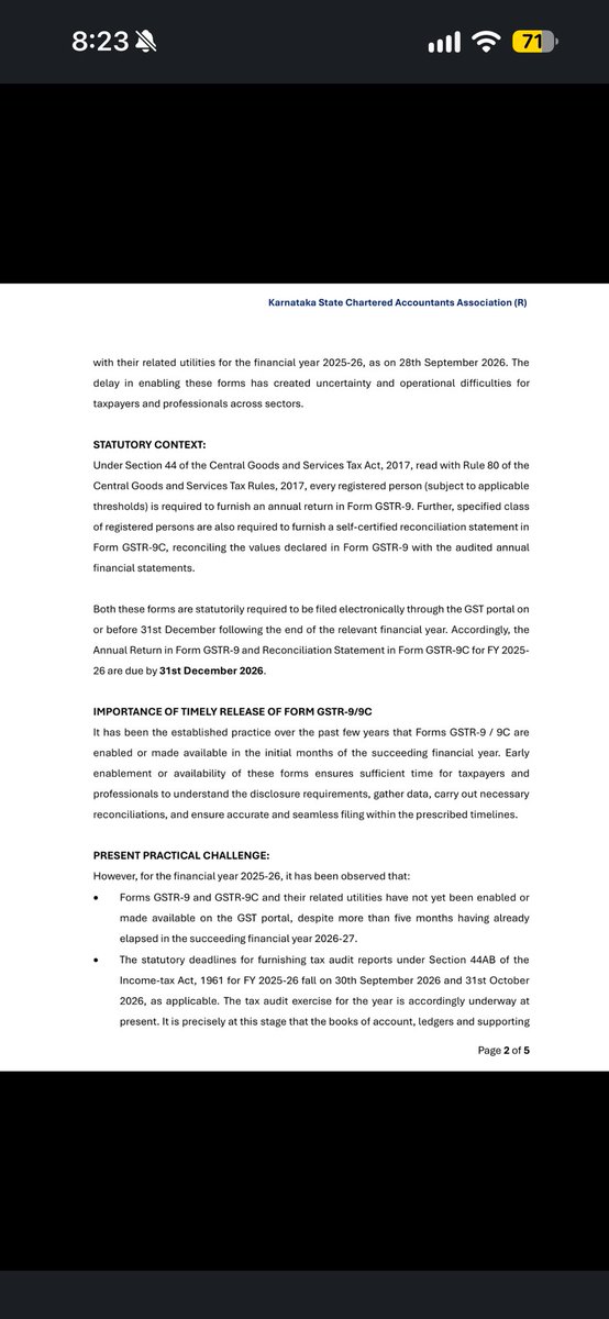 rambajajgst's tweet photo. The Karnataka State Chartered Accountants Association (KSCAA) has submitted a representation to the Chairman, CBIC, regarding the continued non-availability of Form GSTR-9 (Annual Return) and Form GSTR-9C (Reconciliation Statement), along with their offline utilities, on the GST portal for FY 2025-26

Ram Bajaj
8696424223

For Regular GST Updates, Join this Group
https://t.co/xfAKdNMUwv