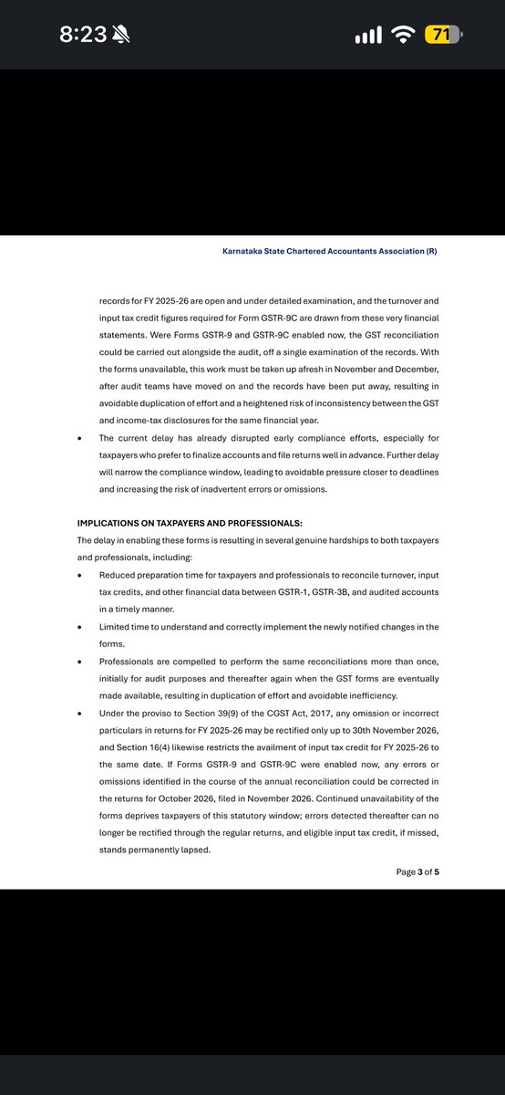 rambajajgst's tweet photo. The Karnataka State Chartered Accountants Association (KSCAA) has submitted a representation to the Chairman, CBIC, regarding the continued non-availability of Form GSTR-9 (Annual Return) and Form GSTR-9C (Reconciliation Statement), along with their offline utilities, on the GST portal for FY 2025-26

Ram Bajaj
8696424223

For Regular GST Updates, Join this Group
https://t.co/xfAKdNMUwv