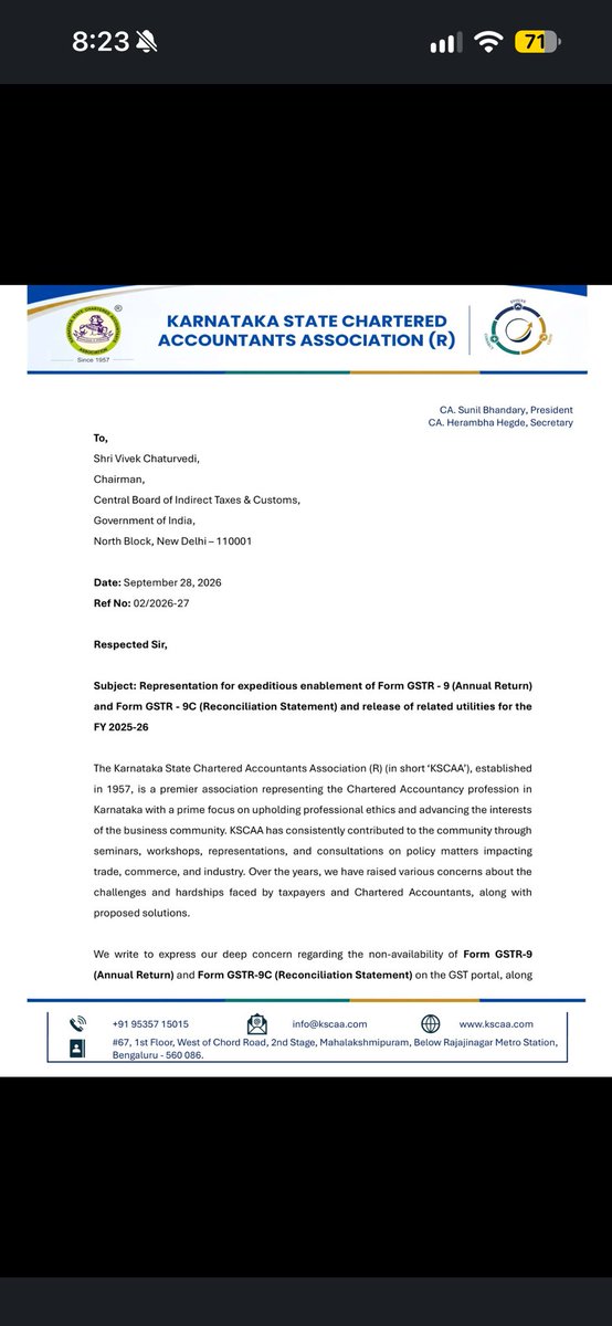 rambajajgst's tweet photo. The Karnataka State Chartered Accountants Association (KSCAA) has submitted a representation to the Chairman, CBIC, regarding the continued non-availability of Form GSTR-9 (Annual Return) and Form GSTR-9C (Reconciliation Statement), along with their offline utilities, on the GST portal for FY 2025-26

Ram Bajaj
8696424223

For Regular GST Updates, Join this Group
https://t.co/xfAKdNMUwv