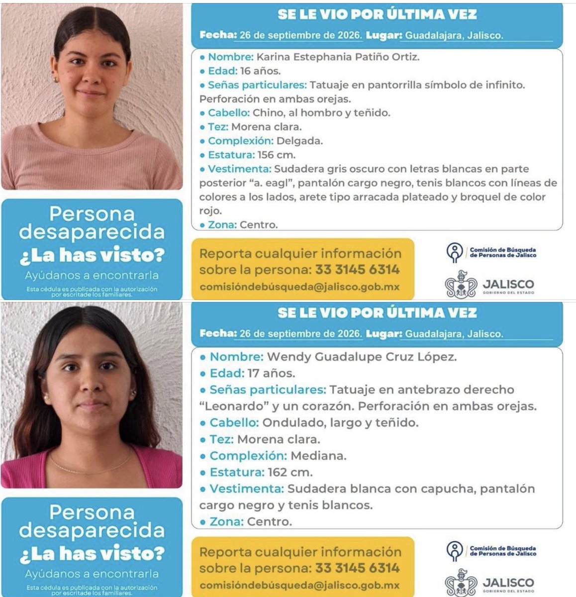 joraplas's tweet photo. En Jalisco, 2 de cada diez personas que desaparecen son mujeres y eso quizás opaca su desaparición, pero los casos están aumentando rápidamente.  Violeta y Melissa desaparecieron en julio al viajar a Pto. Vallarta por una supuesta oferta de trabajo. Ayer se difundieron las cédulas de Karina y Wendy, desaparecidas en el centro de GDL. Hay muchos casos más, pero seleccioné estas para decir que, a diferencia de los hombres desaparecidos, las mujeres que desaparecen parece que lo hacen en grupo con más frecuencia y que detrás haya una persona que activamente las reclute directamente, no a través de redes.
