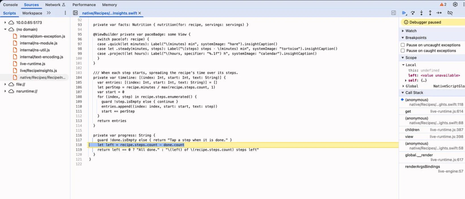 Breakpoint debugging Swift with Chrome DevTools.