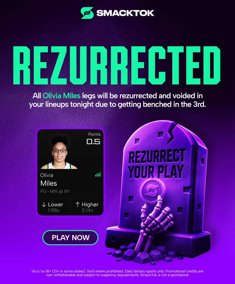 smacktok's tweet photo. Other DFS apps aren't removing Olivia Miles after getting benched in the third?

Couldn't be us.

ALL OLIVIA MILES LEGS HAVE BEEN REZURRECTED AND VOIDED IN YOUR SMACKTOK LINEUPS TONIGHT💀🚨 https://t.co/WevbPJYQjX