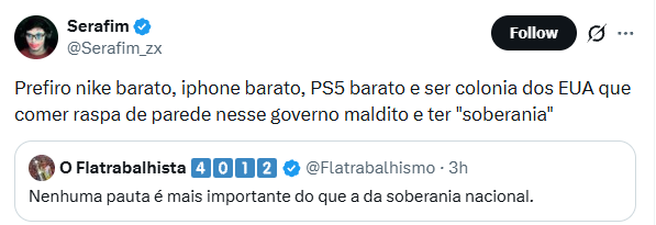 EPalavissini's tweet photo. @Serafim_zx Eu também odeio o governo lula, mas ve se arranja um argumento melhor para justificar seu desprezo. Ta parecendo o tiririca se justificando. https://t.co/gxgaPLKJwD