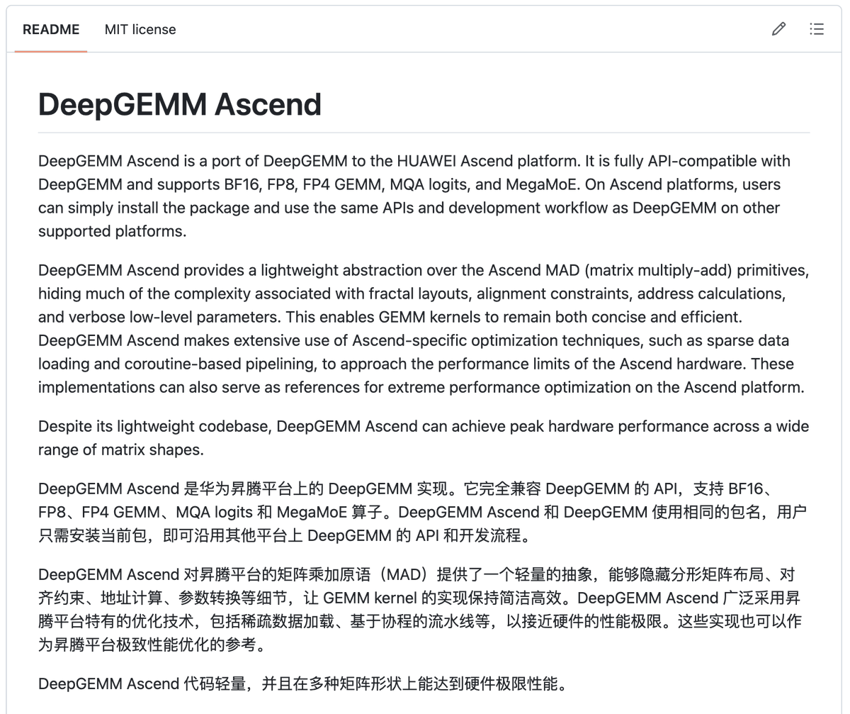 MaxForAI's tweet photo. 🚨DeepSeek又开源啦！

刚刚，@DeepSeek  正式开源了一整套面向华为昇腾的基础设施组件。

简单说，就是把此前在 NVIDIA 平台上跑通的那套核心基础设施，开始系统性地搬到昇腾上：

TileLang、DeepGEMM、DeepEP、TileKernels、FlashMLA、DeepSelect，基本一一对应。

这里面我最关注的其实是 TileLang。

它本质上是一个用来写高性能 AI 算子的高级语言。以前想把 GPU/NPU 性能榨干，开发者往往需要直接写 CUDA、Ascend C 这种很底层的代码，复杂，而且换一套芯片又得重新适配。

TileLang 相当于往上抽了一层：你用更简单、接近 Python 的方式写 GEMM、Attention、量化这些算子，它再负责把代码编译到 NVIDIA、AMD、昇腾等不同硬件上。

有点像 Triton，但 TileLang 从一开始就在往多硬件后端走。

更重要的是，它不是只追求“好写”，而是希望好写的同时还能把硬件性能吃满。

DeepSeek V4 系列训练里的大量算子，现在已经是用 TileLang 实现的。

这次昇腾版本直接把底层 Ascend C 指令封装起来，并且 DeepSeek 训练里用到的每一个 TileLang 算子，目前在昇腾上都有对应实现。

另外几个开源的仓库也基本把LLM训练最核心的底层能力补齐了：

DeepGEMM 做矩阵计算；
DeepEP 做 MoE 大规模跨卡通信；
TileKernels 放各种常用训练/推理算子；
FlashMLA 做稀疏注意力；
DeepSelect 做高性能数据筛选。

我翻了一下刚开源的仓库，DeepGEMM Ascend 在官方给出的部分 Dense GEMM 测试里，最高已经做到硬件理论上限的 99.8%。

更有意思的是，这次 DeepSeek 还明确提到了和华为一起做 Ascend 950 的 128 卡超节点，对计算和通信做了深度优化。

国产算力过去一个很现实的问题就是：硬件出来了，但真正好用的软件栈、算子库、通信库和开发工具，往往还得重新磨很久。

现在 DeepSeek 相当于把自己已经验证过的一套东西直接开出来。

希望后面这套栈真的能在更多团队、更多国产芯片上复用。