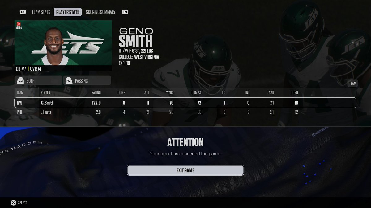 NYblapp7's tweet photo. Just beat an eagles user with the jets and made hurts look like the real hurts 🥹 #twitch #gaming #madden #noflyzone @Eagles @nyjets https://t.co/ZzTu5bok5b