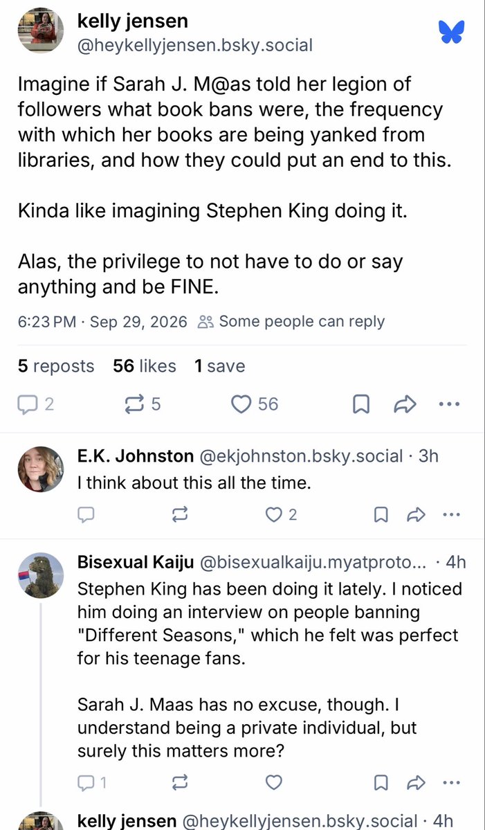OccupyLibraries's tweet photo. ALA groombrarians are now badgering and bullying major authors into joining efforts by American Library Association to indoctrinate as many children as possible.

Here’s Kelly Jensen going after Sarah J Maas—even trying to hide her name—and Stephen King who she gone after before.
