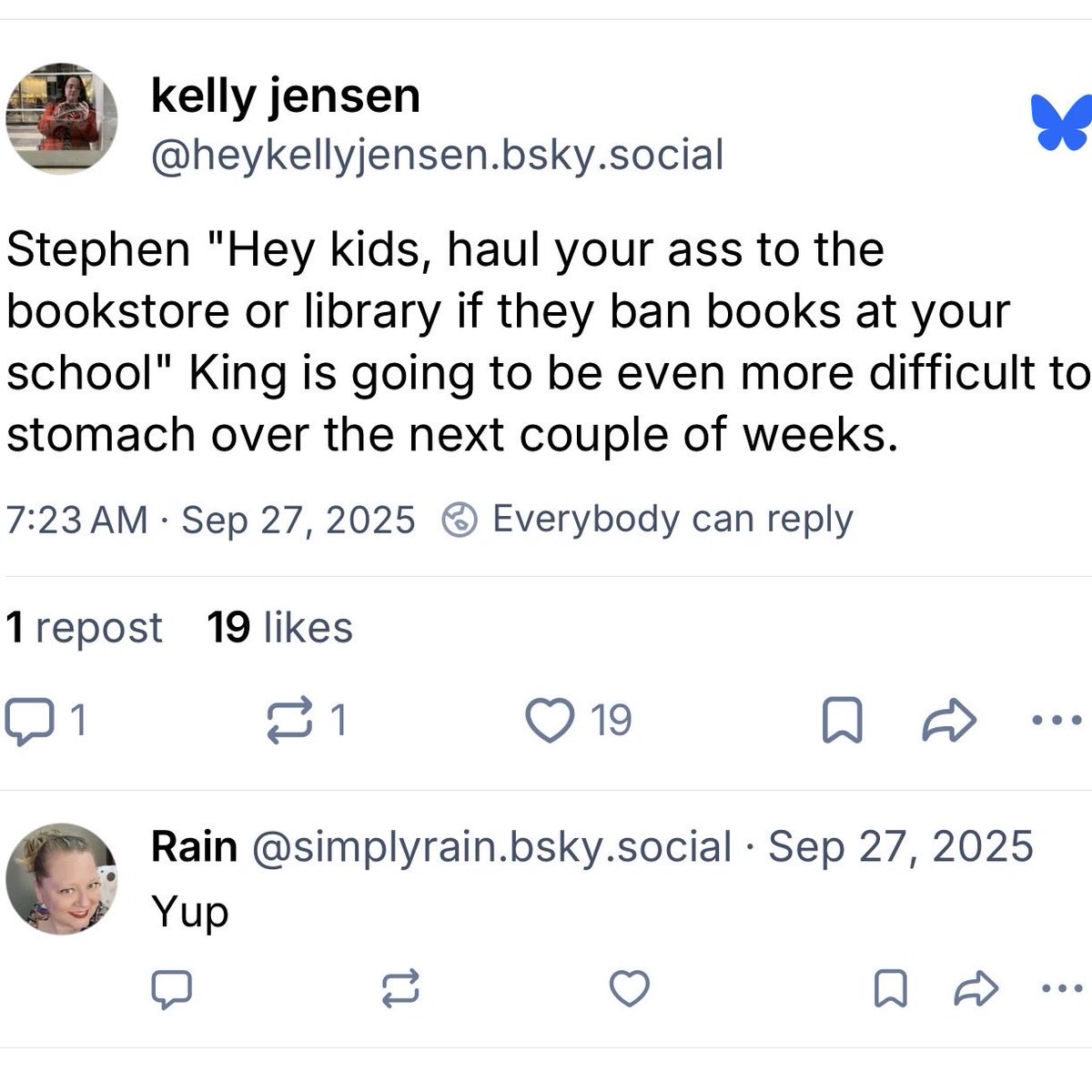 OccupyLibraries's tweet photo. ALA groombrarians are now badgering and bullying major authors into joining efforts by American Library Association to indoctrinate as many children as possible.

Here’s Kelly Jensen going after Sarah J Maas—even trying to hide her name—and Stephen King who she gone after before.