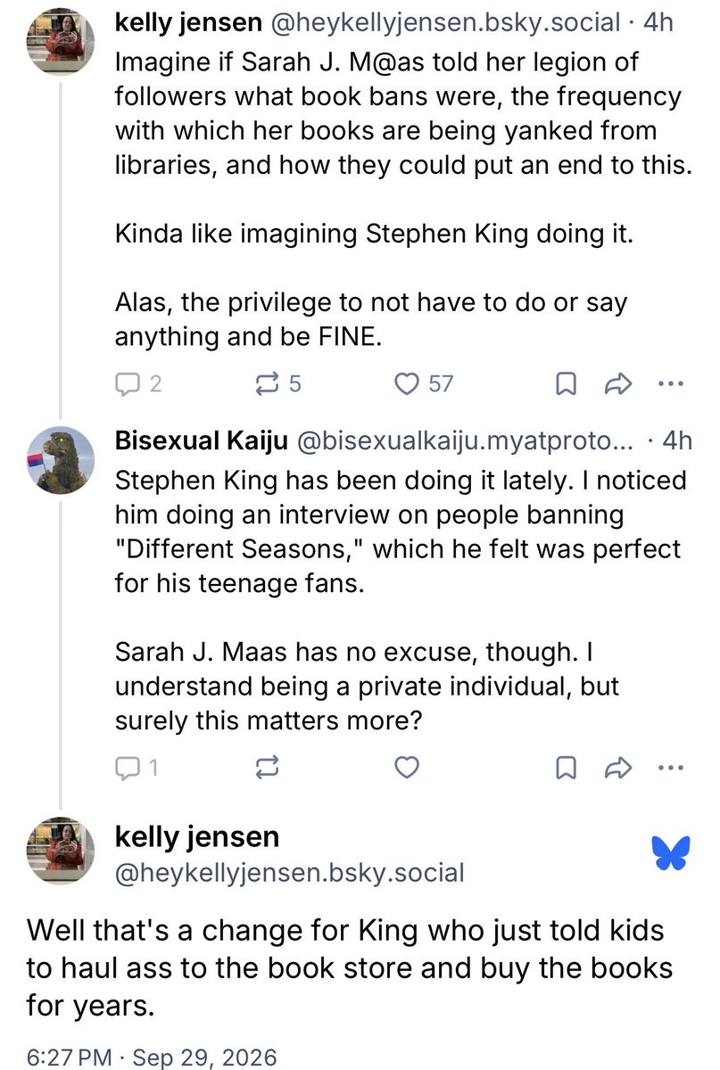 OccupyLibraries's tweet photo. ALA groombrarians are now badgering and bullying major authors into joining efforts by American Library Association to indoctrinate as many children as possible.

Here’s Kelly Jensen going after Sarah J Maas—even trying to hide her name—and Stephen King who she gone after before.
