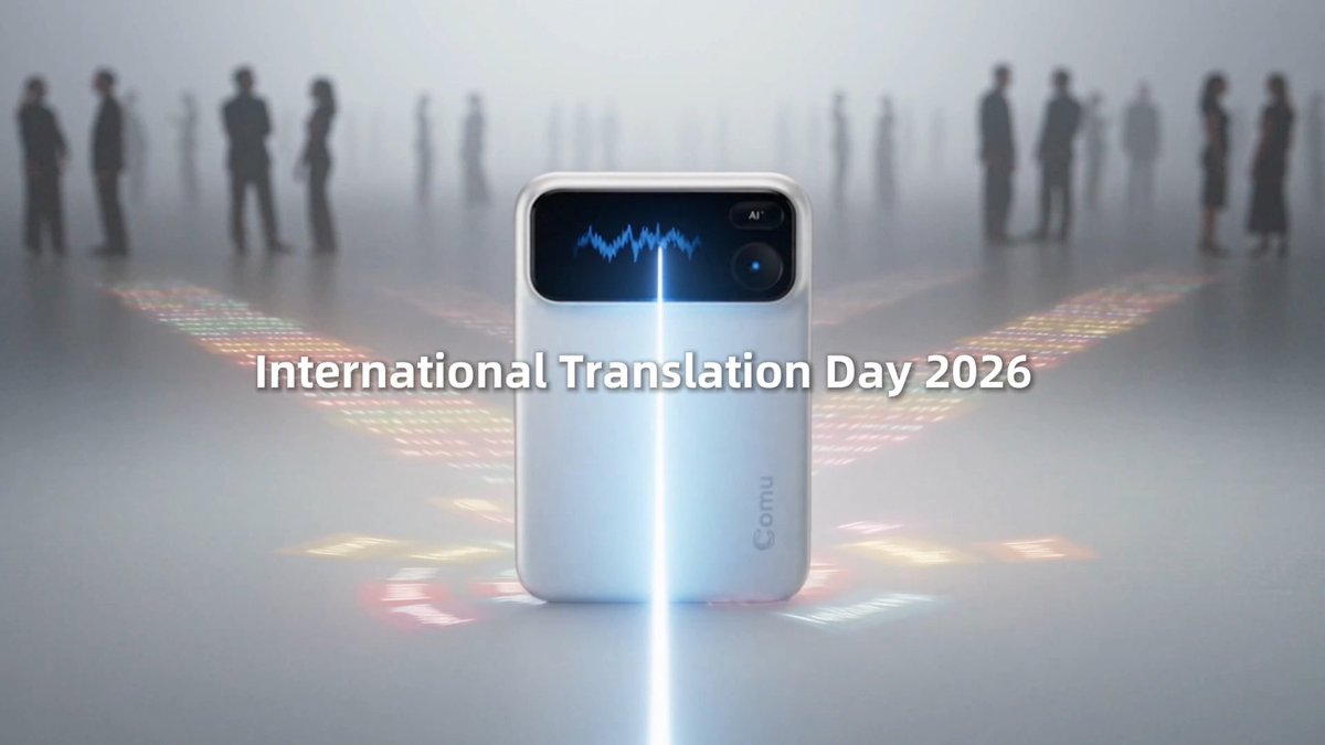 A promotional image for 'International Translation Day 2026' featuring a white AI translation device with an audio waveform display, set against a misty background with silhouettes of people and glowing multilingual text.