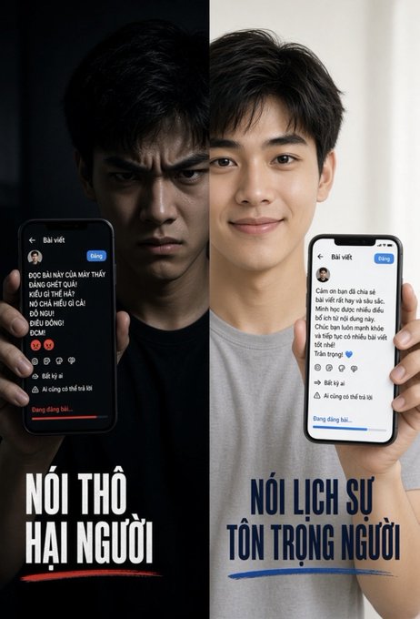 A split-screen image contrasting two men holding phones with social media posts; the left shows an angry man labeled 'NÓI THÔ HẠI NGƯỜI' and the right a smiling man labeled 'NÓI LỊCH SỰ TÔN TRỌNG NGƯỜI', with Vietnamese text on the phone screens.