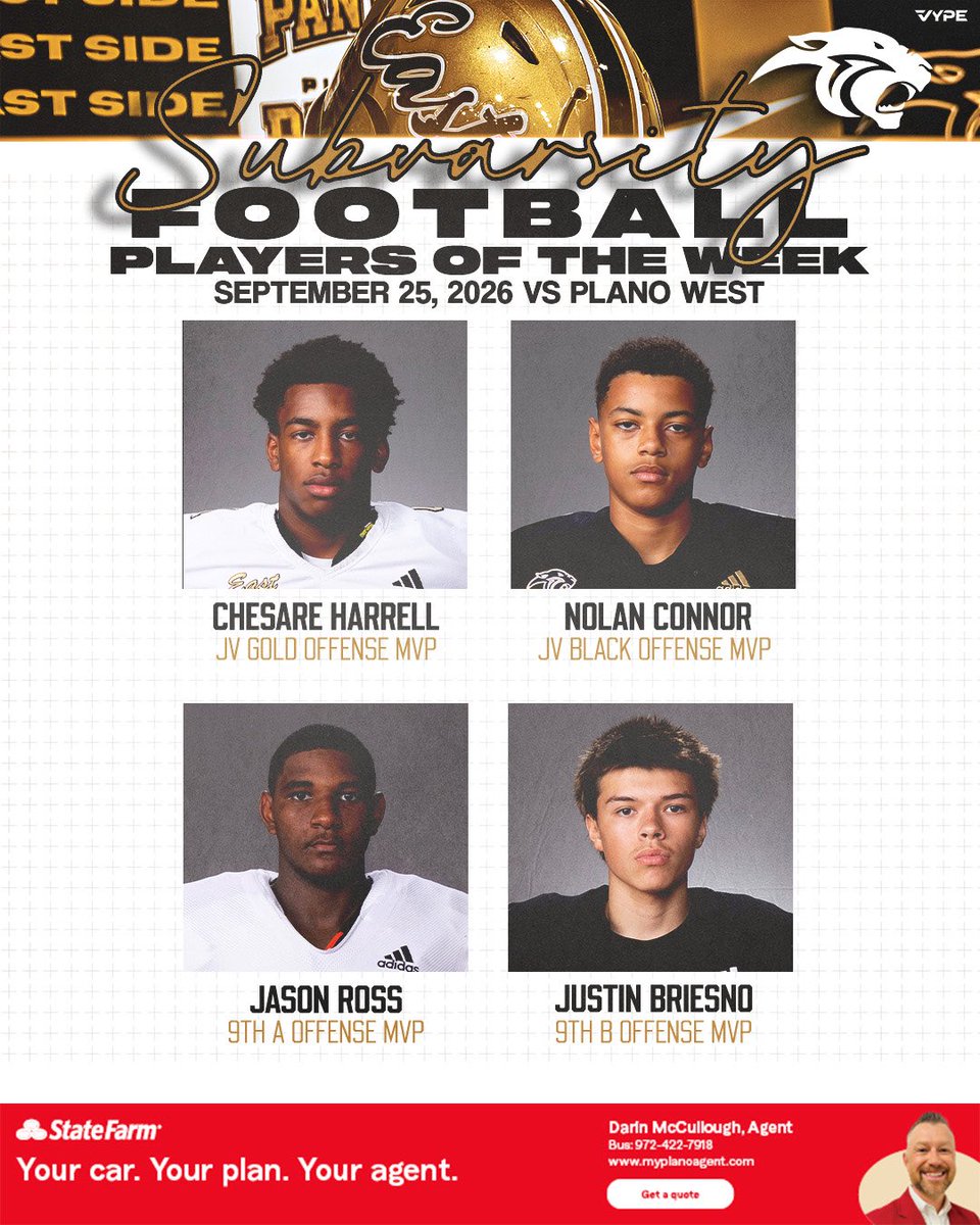 PlanoEastFB's tweet photo. Week 5 vs Plano West   

⭐️Darin McCullough State Farm Players of the Week ⭐️

 #goldblooded
#ALL11 https://t.co/p84U5ZDdch