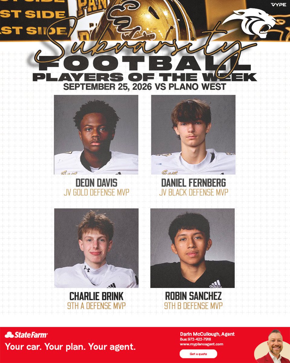 PlanoEastFB's tweet photo. Week 5 vs Plano West   

⭐️Darin McCullough State Farm Players of the Week ⭐️

 #goldblooded
#ALL11 https://t.co/p84U5ZDdch