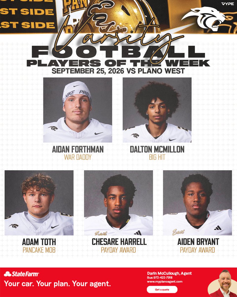 PlanoEastFB's tweet photo. Week 5 vs Plano West   

⭐️Darin McCullough State Farm Players of the Week ⭐️

 #goldblooded
#ALL11 https://t.co/p84U5ZDdch
