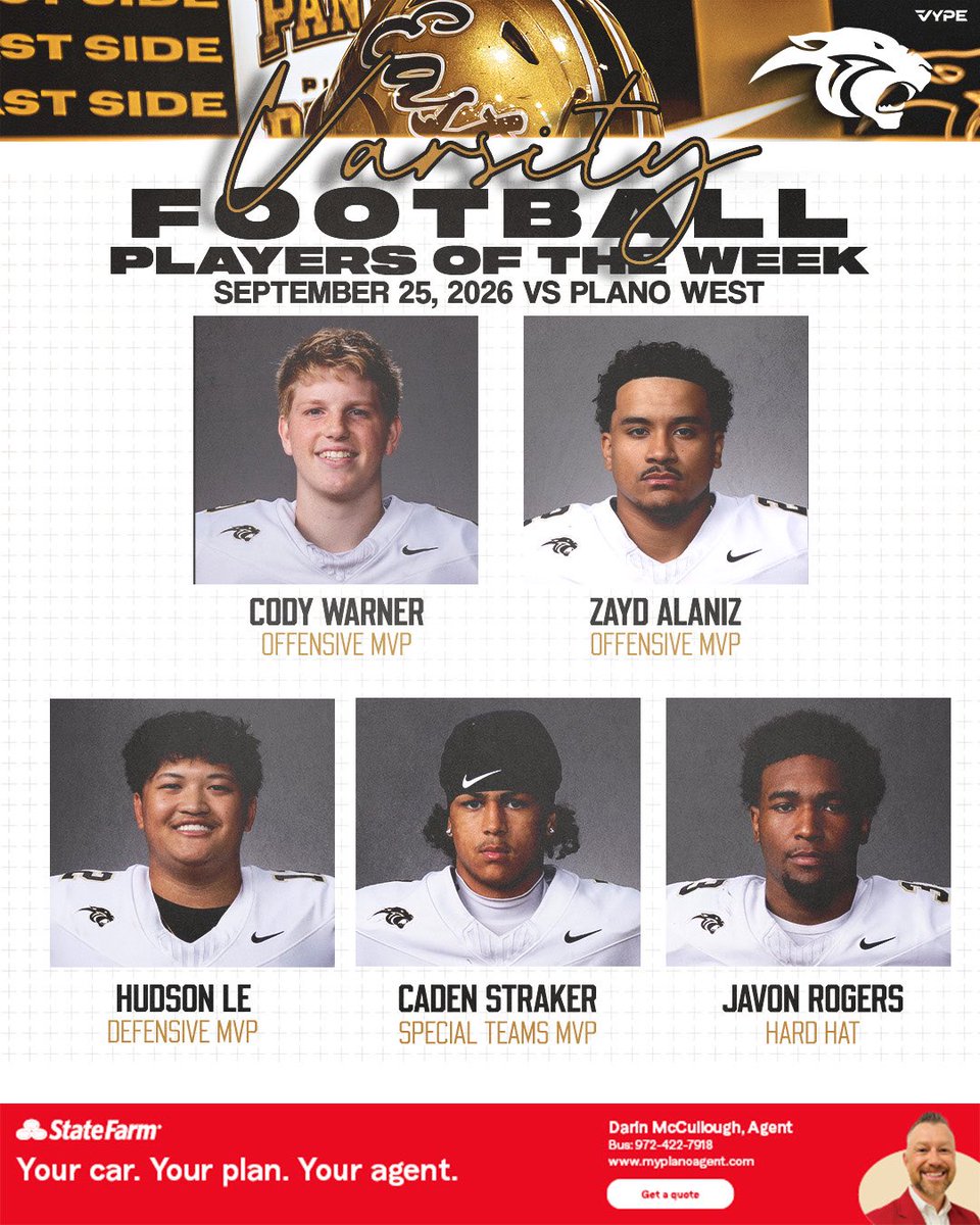 PlanoEastFB's tweet photo. Week 5 vs Plano West   

⭐️Darin McCullough State Farm Players of the Week ⭐️

 #goldblooded
#ALL11 https://t.co/p84U5ZDdch