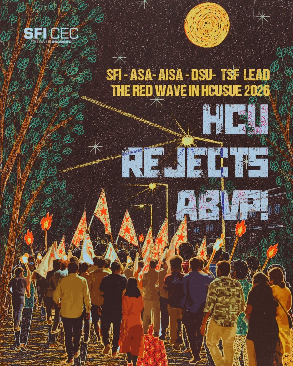 SFI_CEC's tweet photo. HCU Rejects ABVP ! 

Last year ABVP had won full panel in HCU. Massive comeback by our comrades! Comrade Dilshada is the new President of HCU SU!

GenZ Voice triumphs in HCUSU ! 
ABVP kicked out !! https://t.co/o5WlwNHy1Z